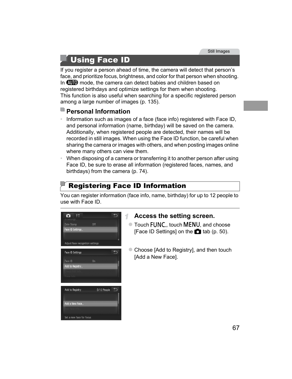 Using face id, D (p. 67). conf, Registering face id information | Canon 510 HS User Manual | Page 67 / 220