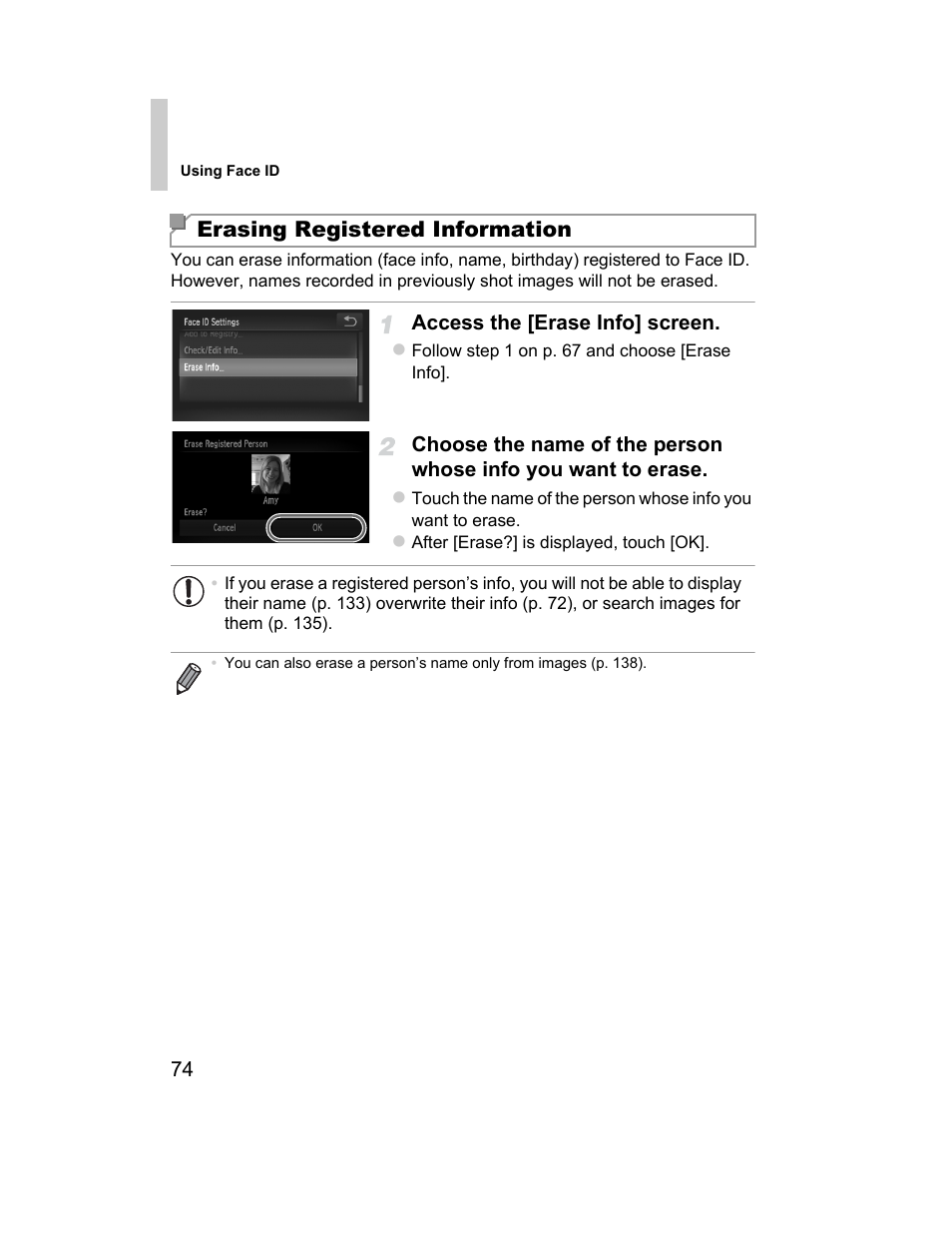 Erasing registered information | Canon 510 HS User Manual | Page 74 / 220