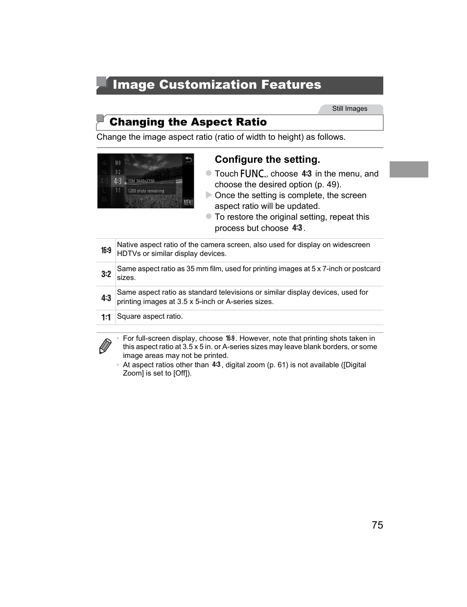 Image customization features, Changing the aspect ratio | Canon 510 HS User Manual | Page 75 / 220