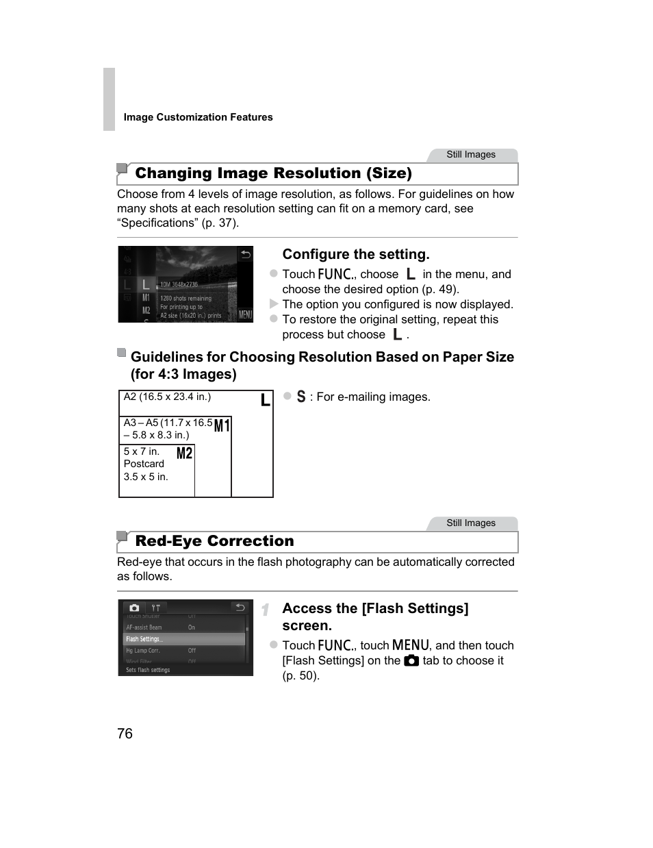 Changing image resolution (size), Red-eye correction | Canon 510 HS User Manual | Page 76 / 220