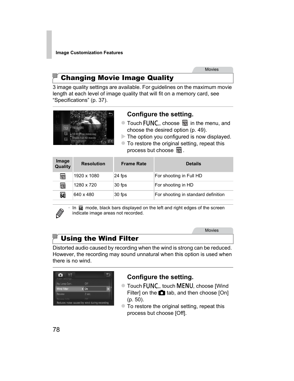 P. 78, Changing movie image quality, Using the wind filter | Canon 510 HS User Manual | Page 78 / 220