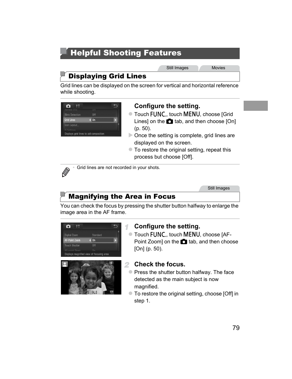Helpful shooting features, Displaying grid lines, Magnifying the area in focus | Canon 510 HS User Manual | Page 79 / 220