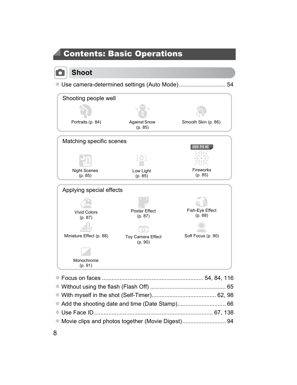 Contents: basic operations, 4shoot | Canon 510 HS User Manual | Page 8 / 220