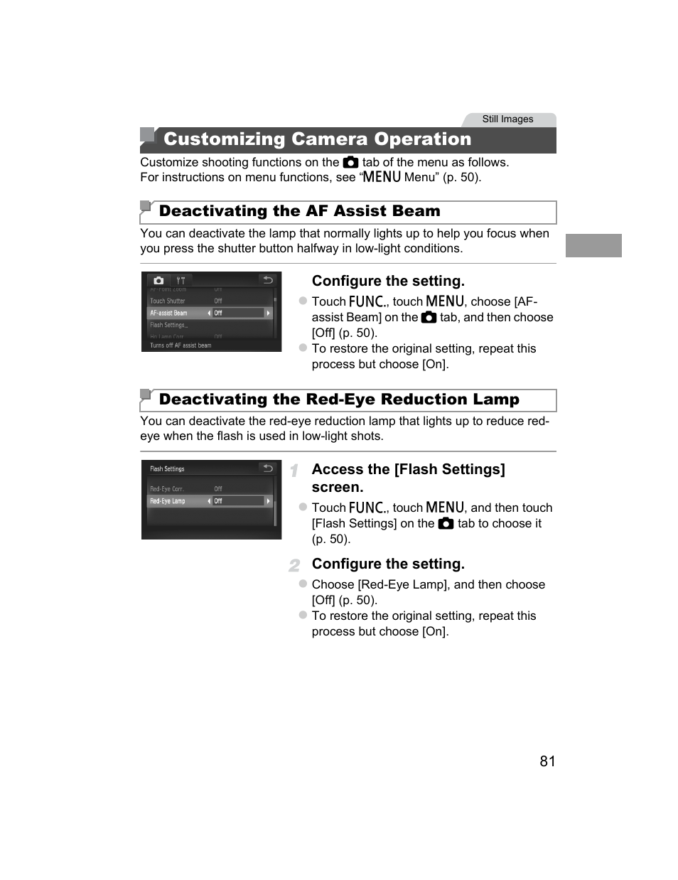 Customizing camera operation, Deactivating the af assist beam, Deactivating the red-eye reduction lamp | Canon 510 HS User Manual | Page 81 / 220