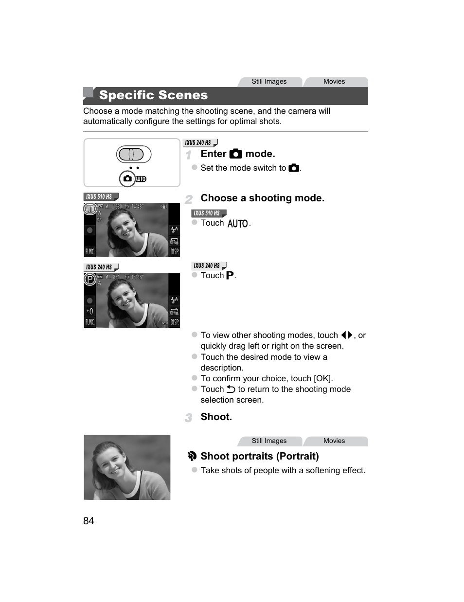 Specific scenes, S (p. 84) | Canon 510 HS User Manual | Page 84 / 220