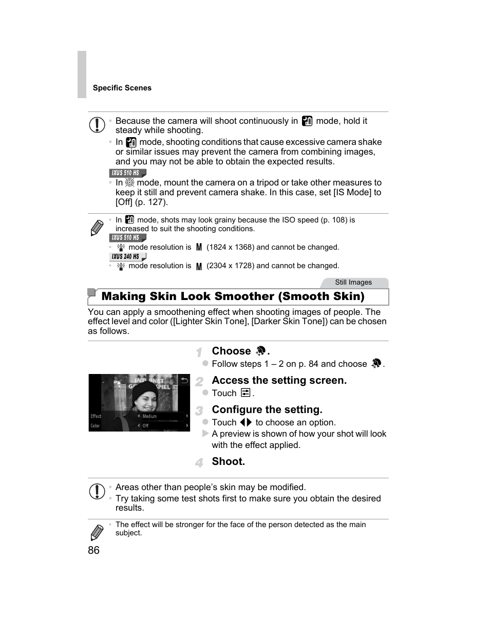 P. 86), Making skin look smoother (smooth skin) | Canon 510 HS User Manual | Page 86 / 220