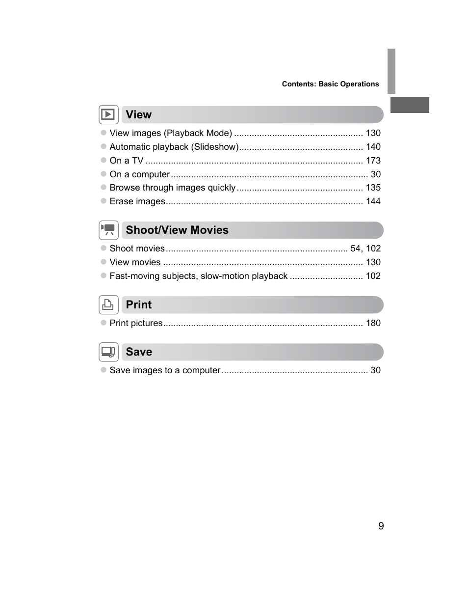 1view, Eshoot/view movies, Cprint | Save | Canon 510 HS User Manual | Page 9 / 220