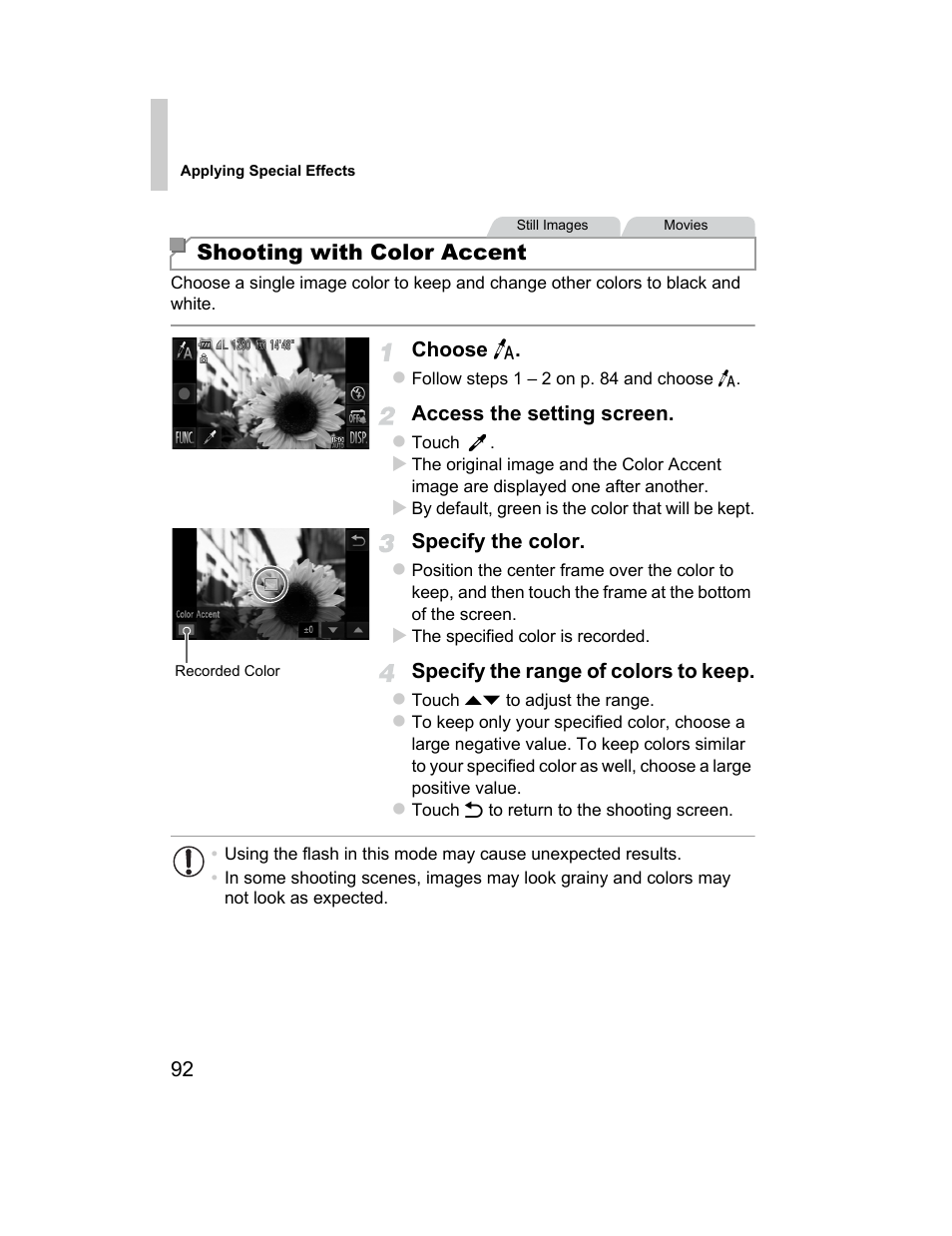 Shooting with color accent | Canon 510 HS User Manual | Page 92 / 220