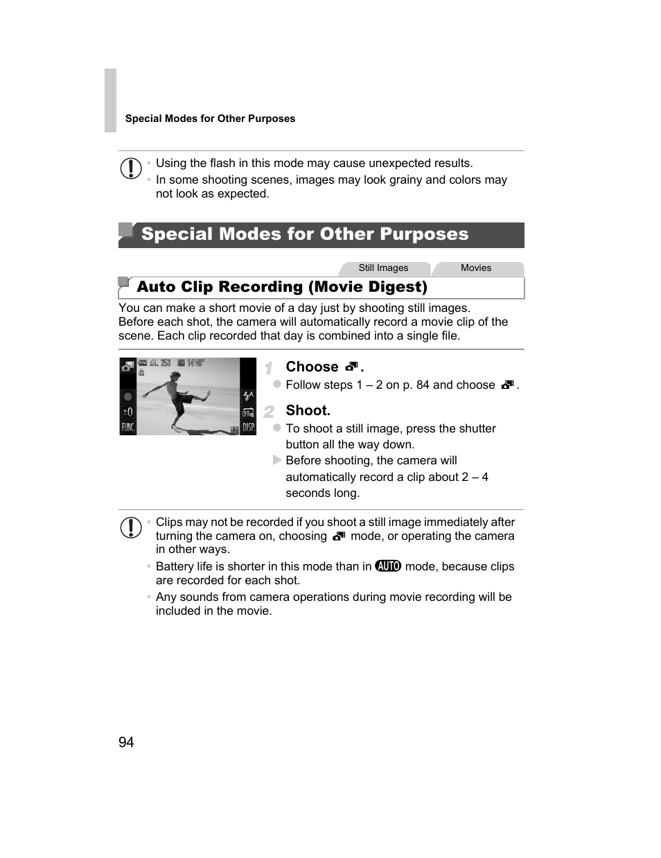 Special modes for other purposes, Special modes for other, Purposes | Auto clip recording (movie digest) | Canon 510 HS User Manual | Page 94 / 220