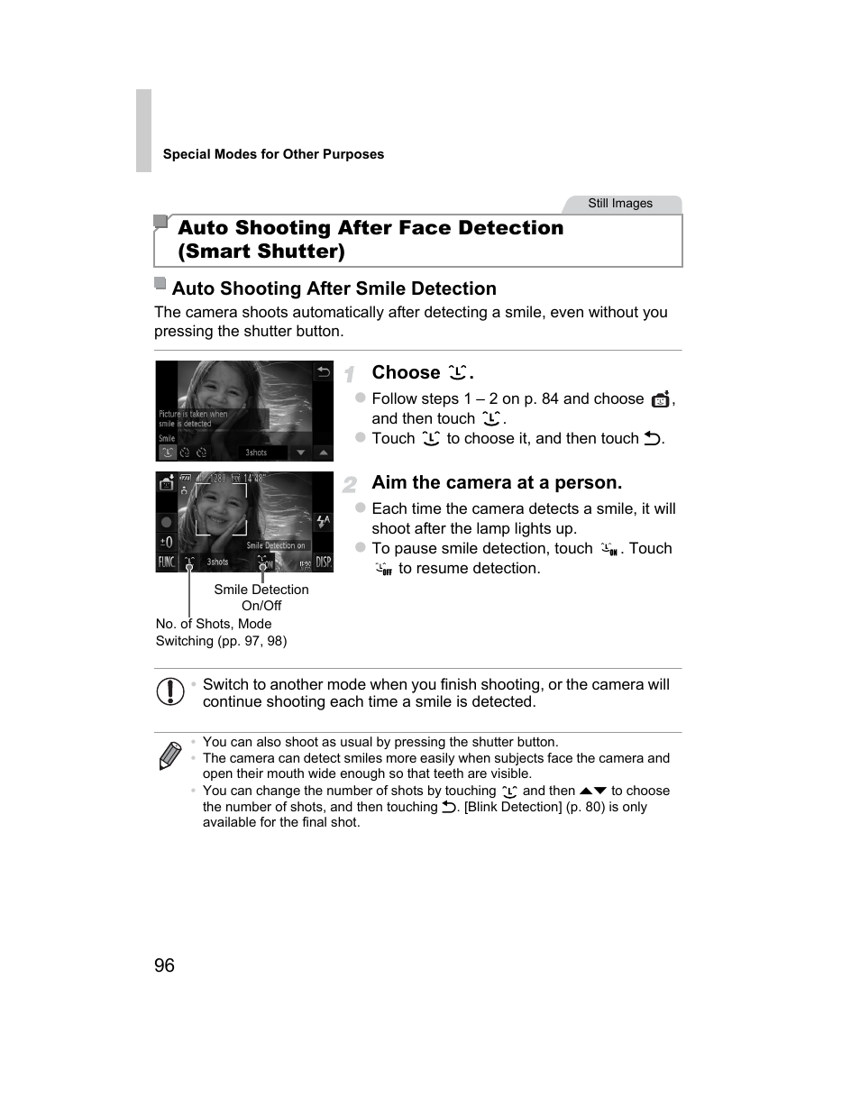 Auto shooting after face detection (smart shutter) | Canon 510 HS User Manual | Page 96 / 220