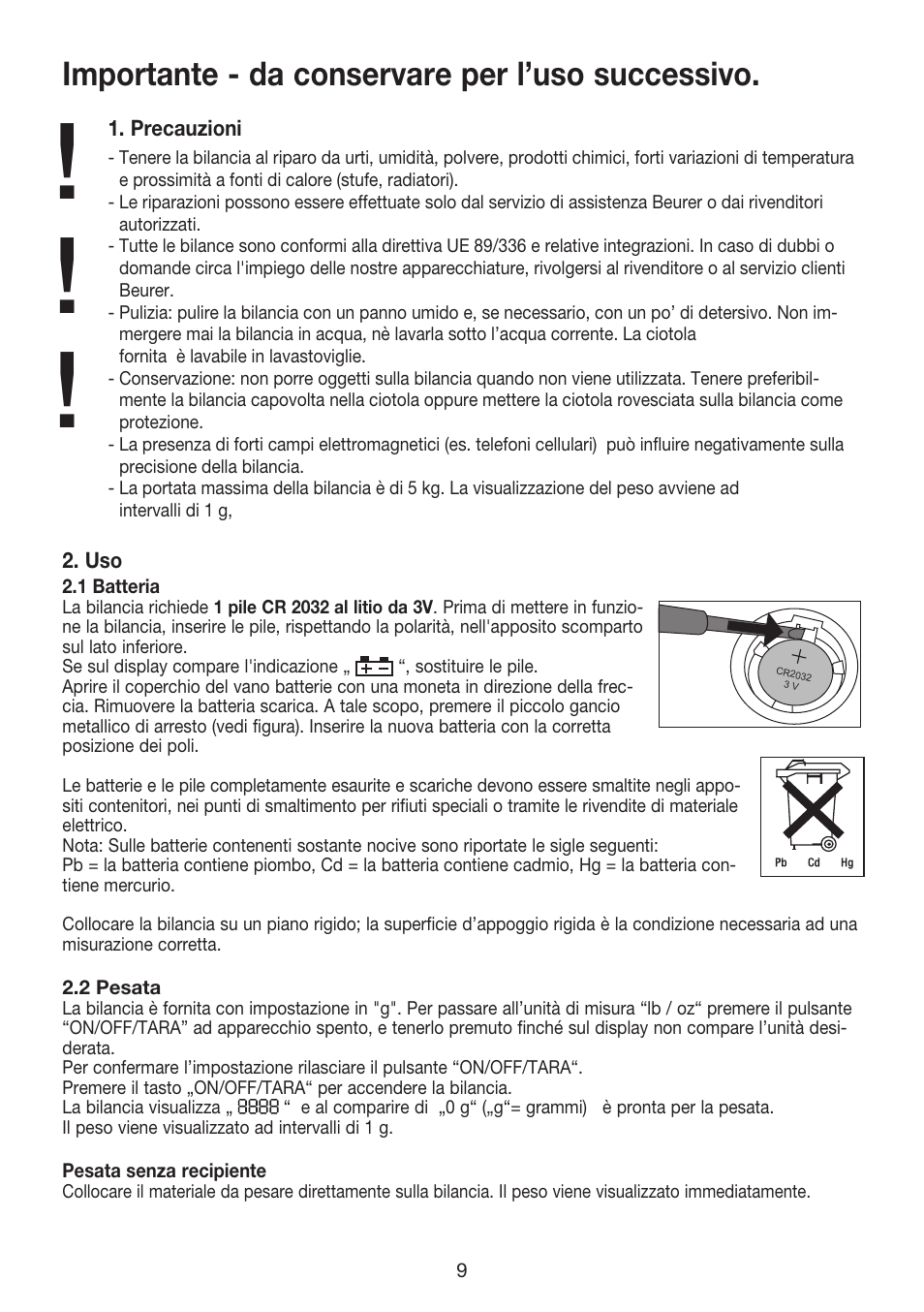 Importante - da conservare per l’uso successivo | Beurer KS 32 User Manual | Page 9 / 16