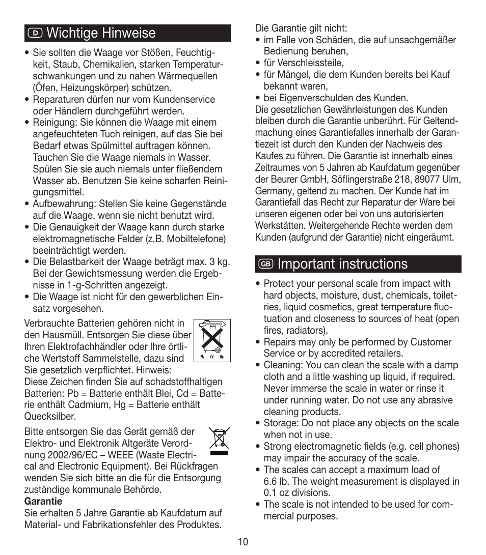 D wichtige hinweise, G important instructions | Beurer KS 35 User Manual | Page 10 / 16