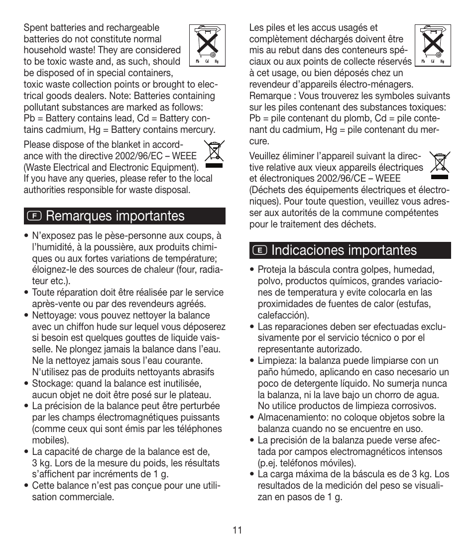 F remarques importantes, E indicaciones importantes | Beurer KS 35 User Manual | Page 11 / 16