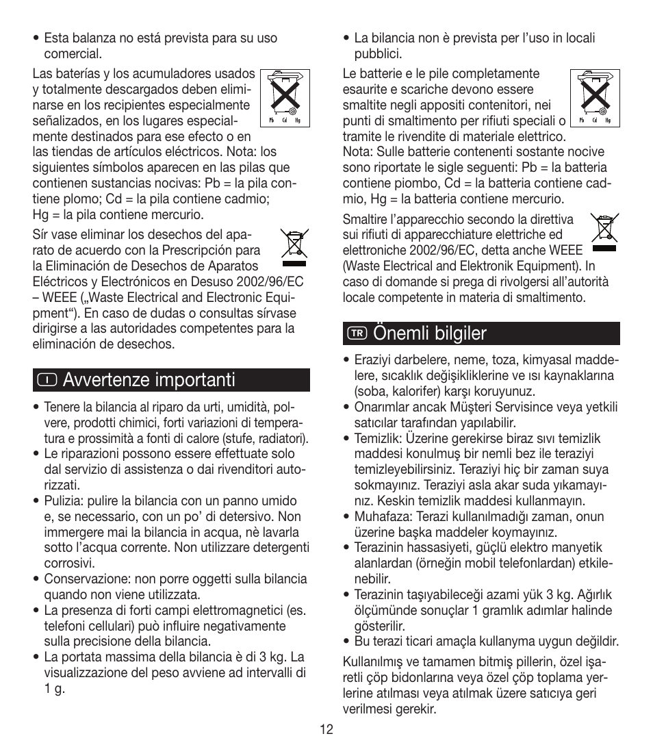 I avvertenze importanti, T önemli bilgiler | Beurer KS 35 User Manual | Page 12 / 16