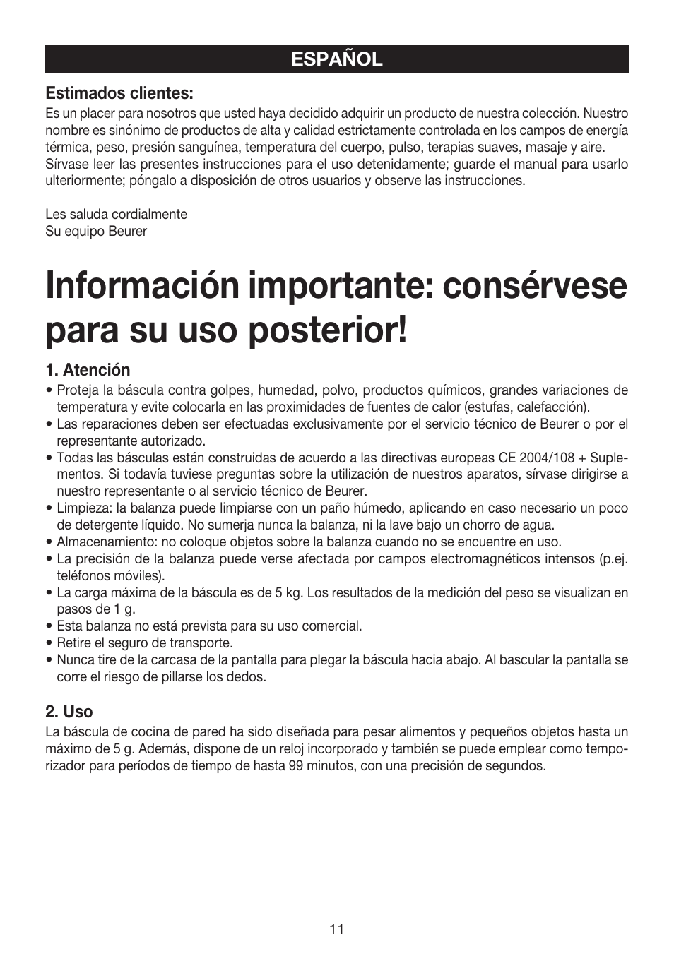 Español | Beurer KS 52 User Manual | Page 11 / 36