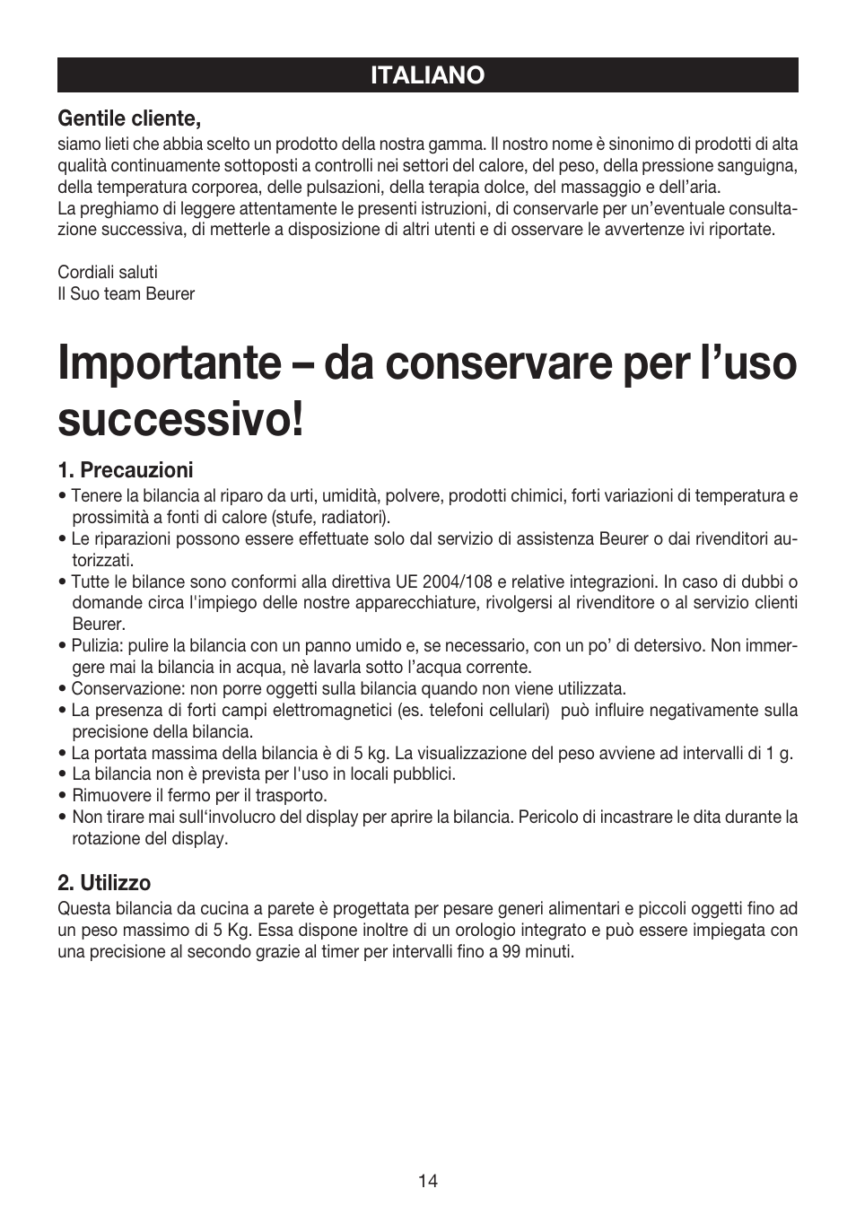 Importante – da conservare per l’uso successivo, Italiano | Beurer KS 52 User Manual | Page 14 / 36