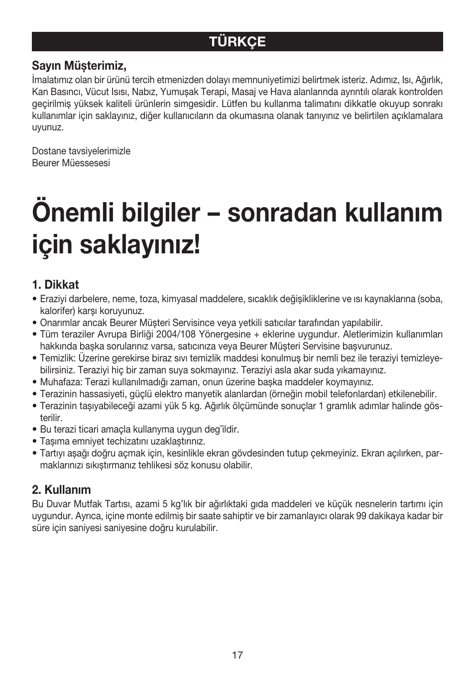 Türkçe | Beurer KS 52 User Manual | Page 17 / 36