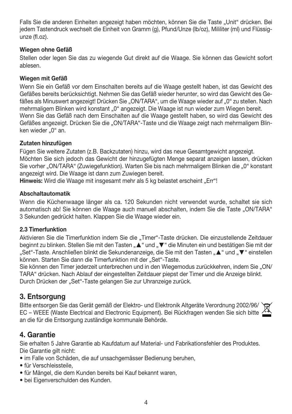 Entsorgung, Garantie | Beurer KS 52 User Manual | Page 4 / 36