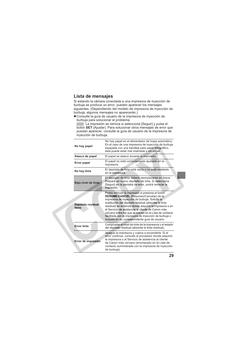 Lista de mensajes | Canon CP-100 User Manual | Page 100 / 110