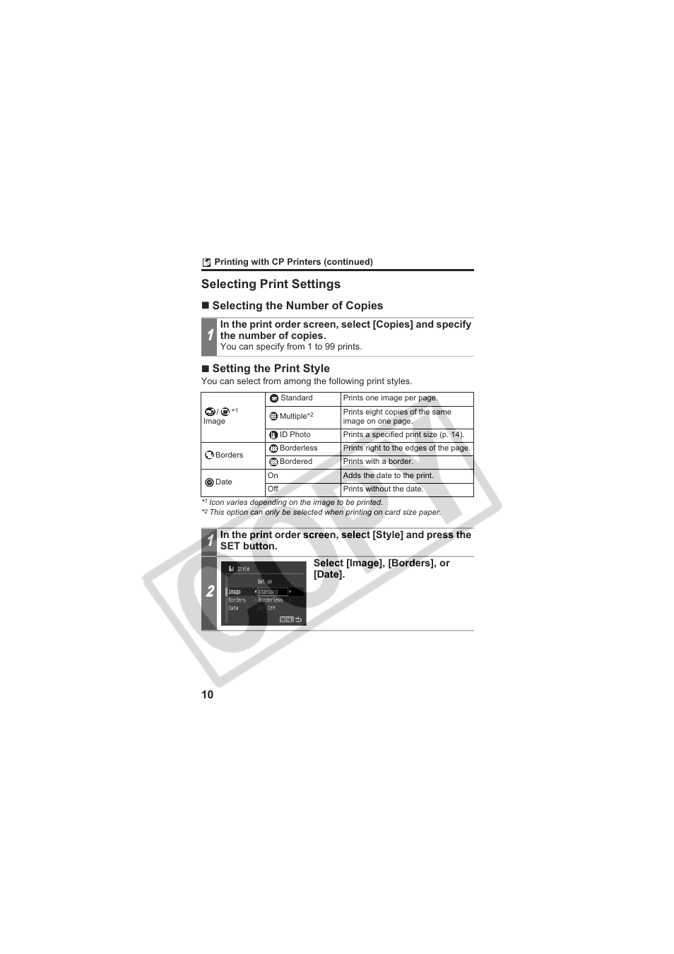 Selecting print settings | Canon CP-100 User Manual | Page 11 / 110