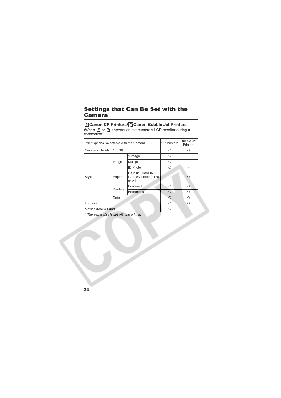 Settings that can be set with the camera | Canon CP-100 User Manual | Page 35 / 110