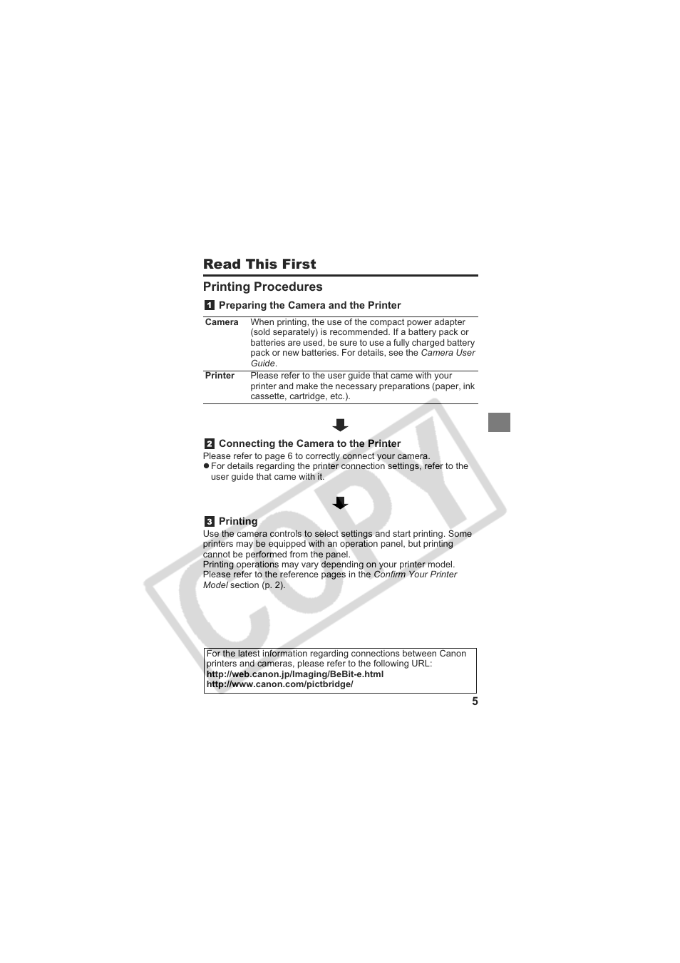 Read this first, Printing procedures | Canon CP-100 User Manual | Page 6 / 110