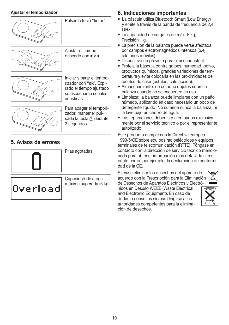 Avisos de errores, Indicaciones importantes, 10 ajustar el temporizador | Pulsar la tecla “timer, Ajustar el tiempo deseado con y | Beurer KS 800 User Manual | Page 10 / 20