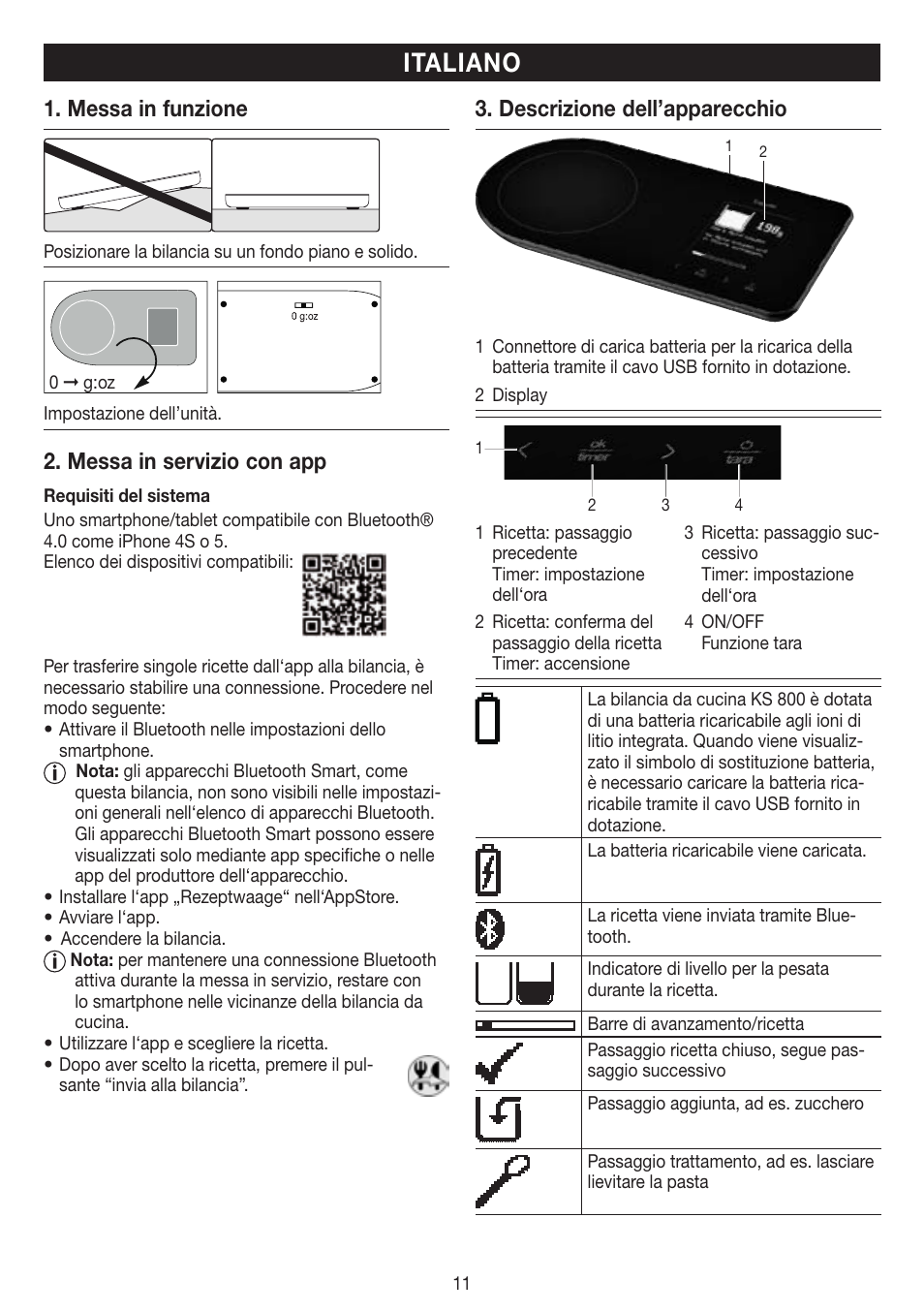 Italiano, Messa in funzione, Messa in servizio con app | Descrizione dell’apparecchio | Beurer KS 800 User Manual | Page 11 / 20