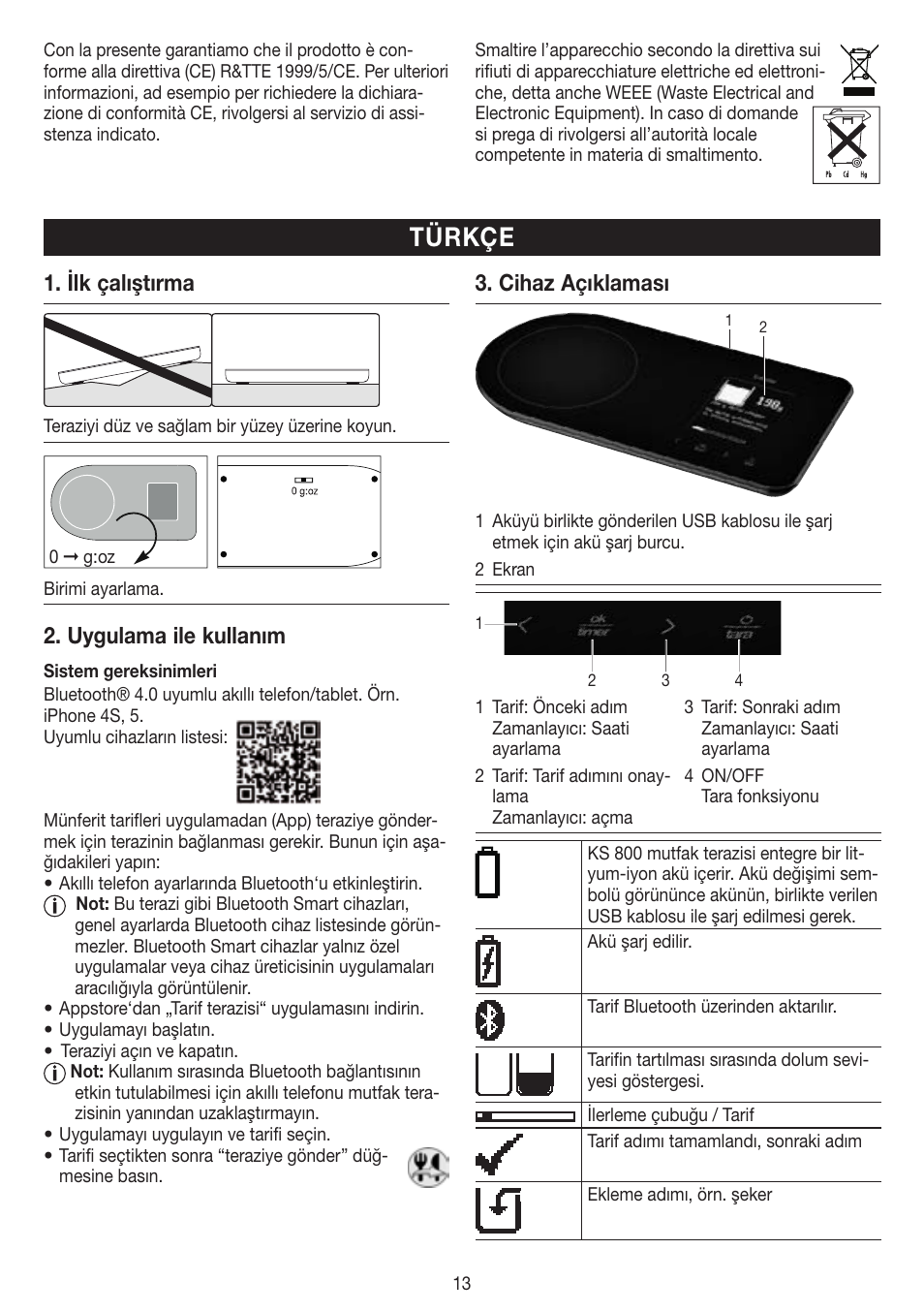 Türkçe, Ilk çalıştırma, Uygulama ile kullanım | Cihaz açıklaması | Beurer KS 800 User Manual | Page 13 / 20