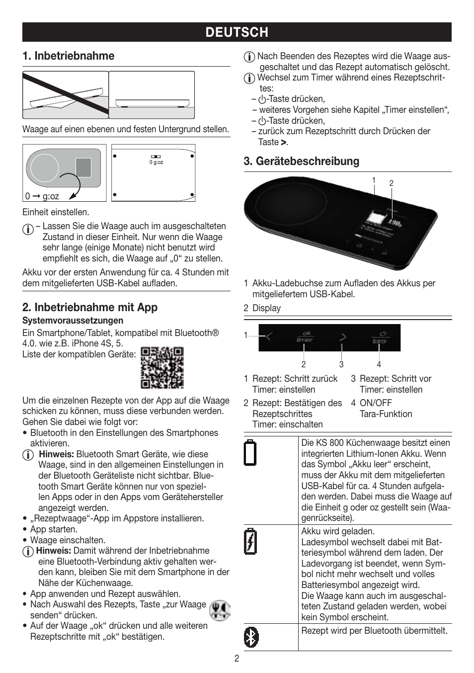 Deutsch, Inbetriebnahme, Inbetriebnahme mit app | Gerätebeschreibung | Beurer KS 800 User Manual | Page 2 / 20