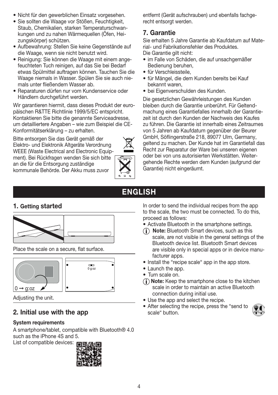English, Garantie, Started | Initial use with the app | Beurer KS 800 User Manual | Page 4 / 20