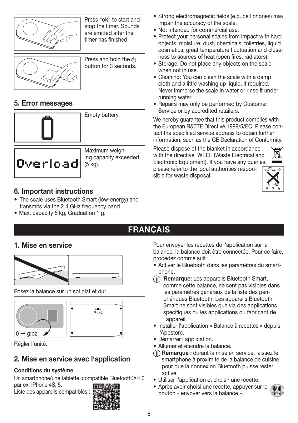 Français, Error messages, Important instructions | Mise en service, Mise en service avec l‘application | Beurer KS 800 User Manual | Page 6 / 20