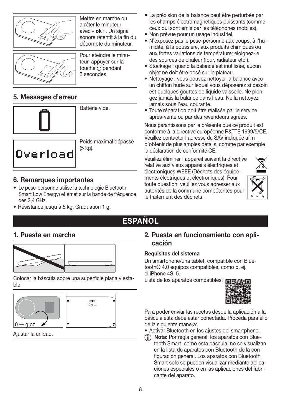 Español, Messages d’erreur, Remarques importantes | Puesta en marcha, Puesta en funcionamiento con apli- cación | Beurer KS 800 User Manual | Page 8 / 20