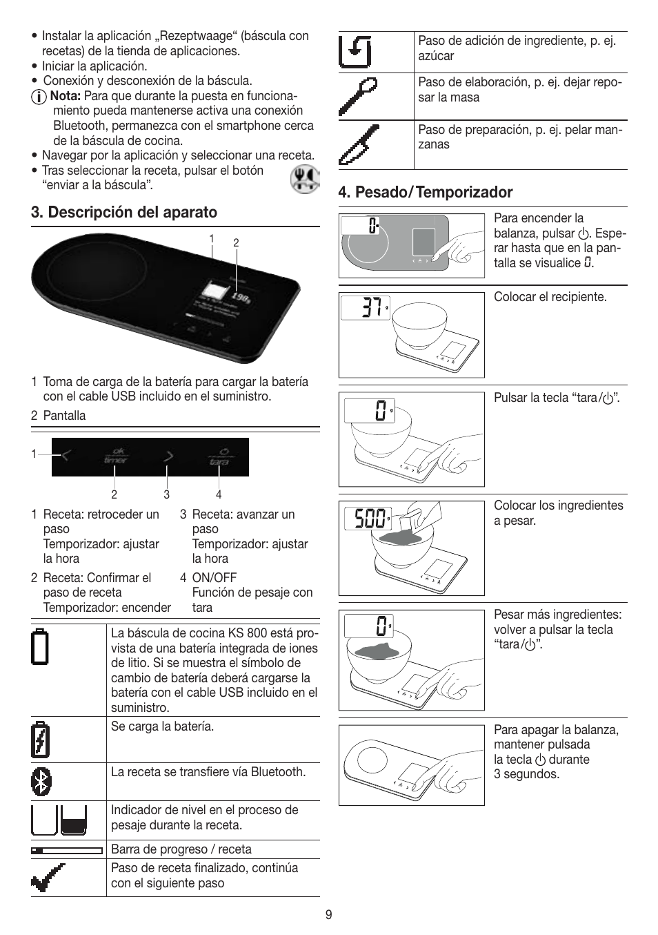 Descripción del aparato, Pesado / temporizador | Beurer KS 800 User Manual | Page 9 / 20