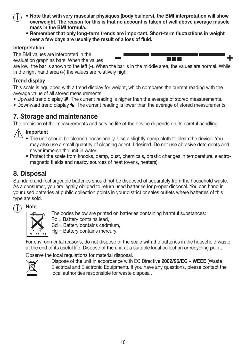 Storage and maintenance, Disposal | Beurer PS 45 User Manual | Page 10 / 44