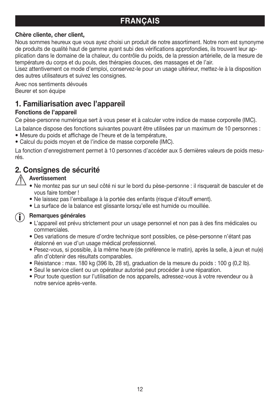 Familiarisation avec l’appareil, Consignes de sécurité, Français | Beurer PS 45 User Manual | Page 12 / 44