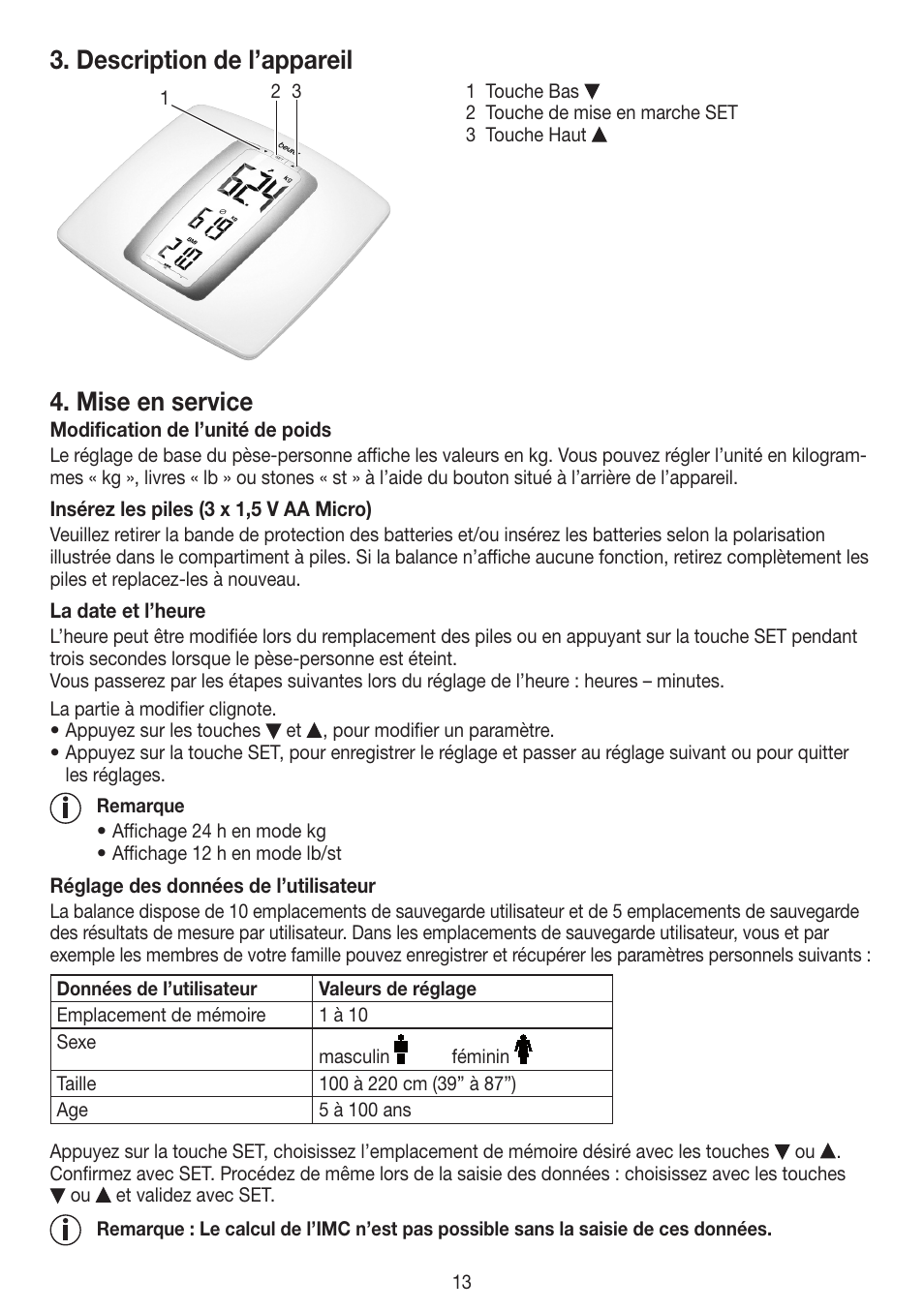 Description de l’appareil, Mise en service | Beurer PS 45 User Manual | Page 13 / 44