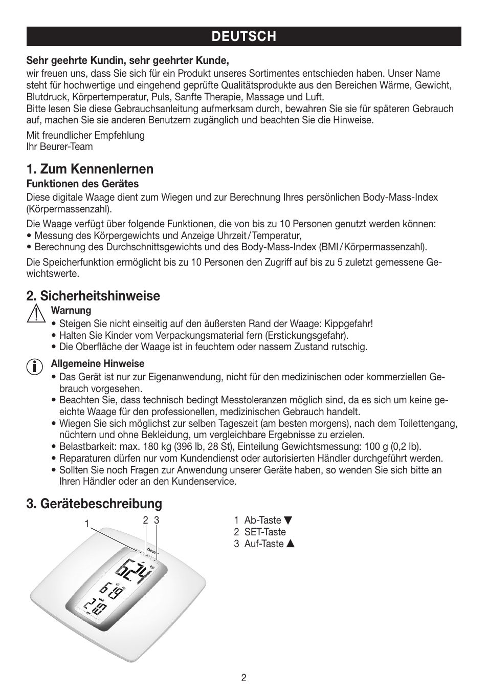 Zum kennenlernen, Sicherheitshinweise, Gerätebeschreibung | Deutsch | Beurer PS 45 User Manual | Page 2 / 44