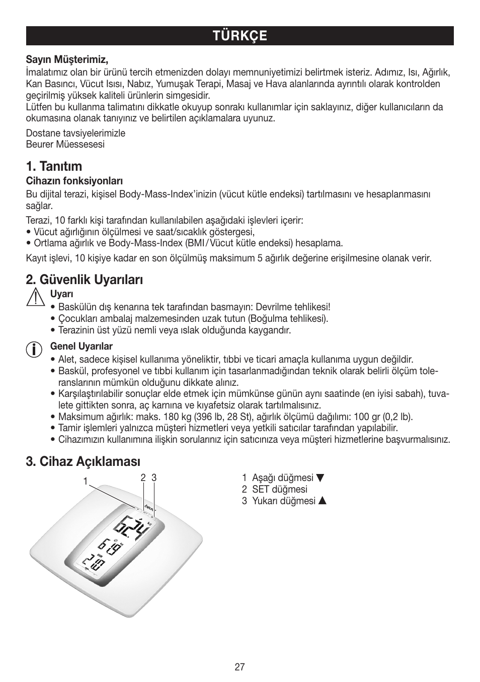 Tanıtım, Güvenlik uyarıları, Cihaz açıklaması | Türkçe | Beurer PS 45 User Manual | Page 27 / 44