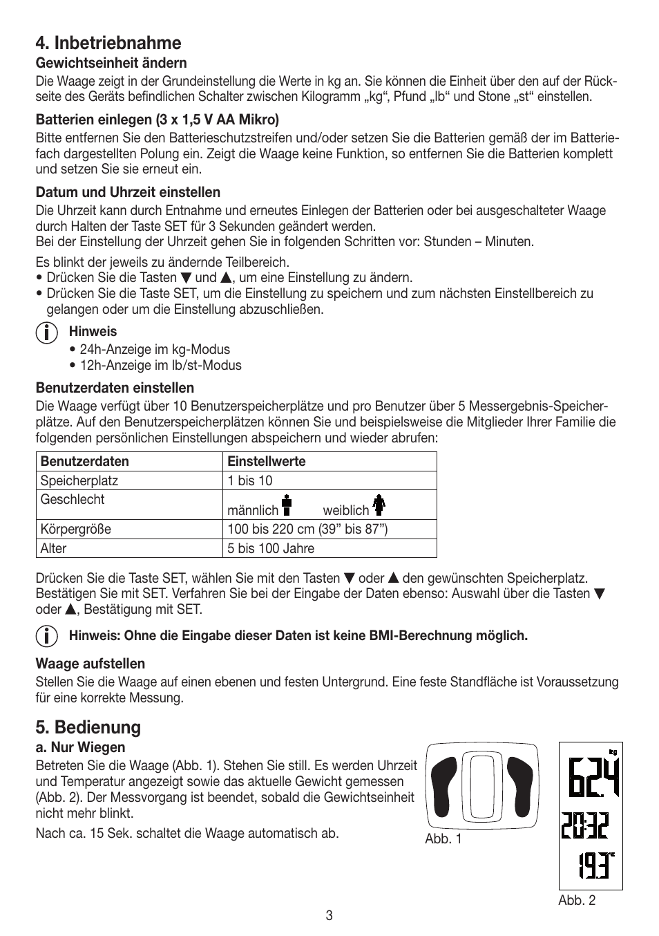 Inbetriebnahme, Bedienung | Beurer PS 45 User Manual | Page 3 / 44