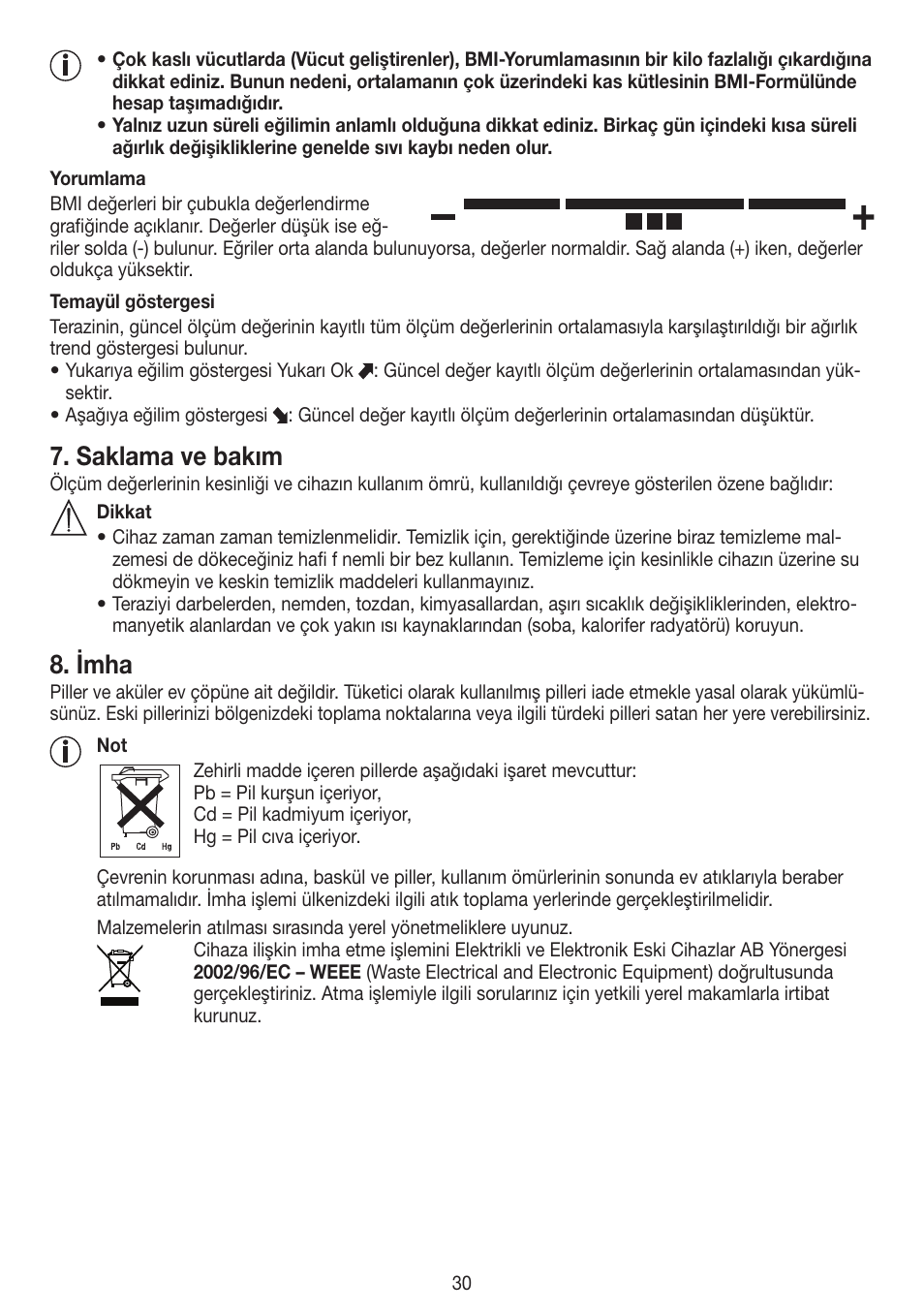 Saklama ve bakım, Imha | Beurer PS 45 User Manual | Page 30 / 44