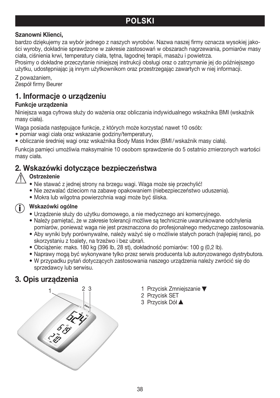 Informacje o urządzeniu, Wskazówki dotyczące bezpieczeństwa, Opis urządzenia | Polski | Beurer PS 45 User Manual | Page 38 / 44