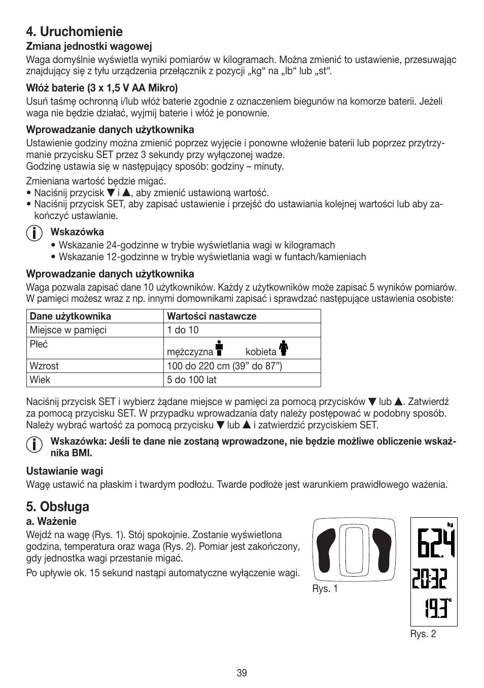 Uruchomienie, Obsługa | Beurer PS 45 User Manual | Page 39 / 44