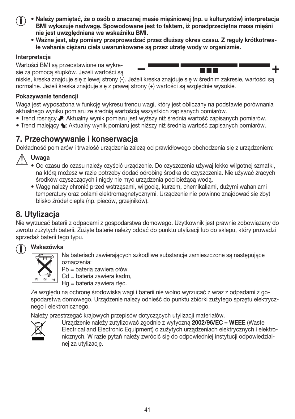 Przechowywanie i konserwacja, Utylizacja | Beurer PS 45 User Manual | Page 41 / 44