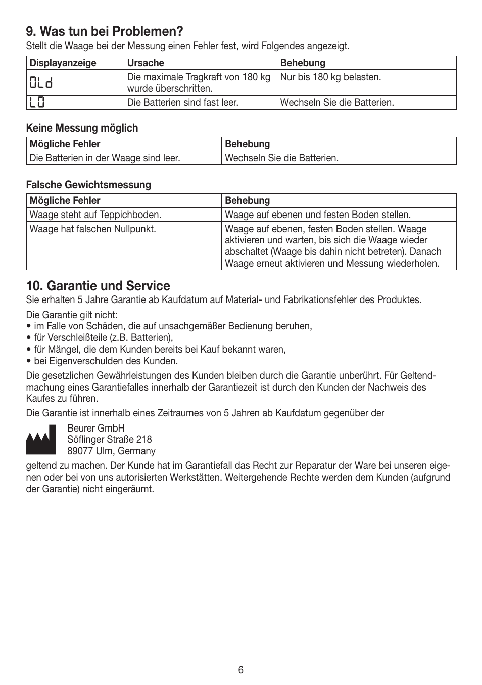 Was tun bei problemen, Garantie und service | Beurer PS 45 User Manual | Page 6 / 44