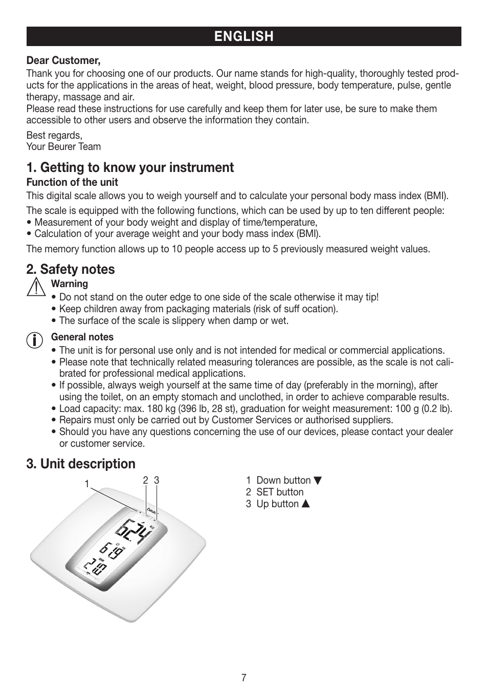 Getting to know your instrument, Unit description, English | Beurer PS 45 User Manual | Page 7 / 44