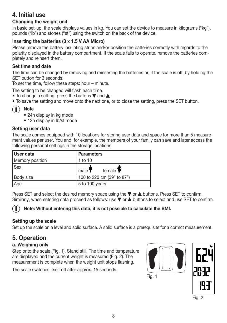 Initial use, Operation | Beurer PS 45 User Manual | Page 8 / 44