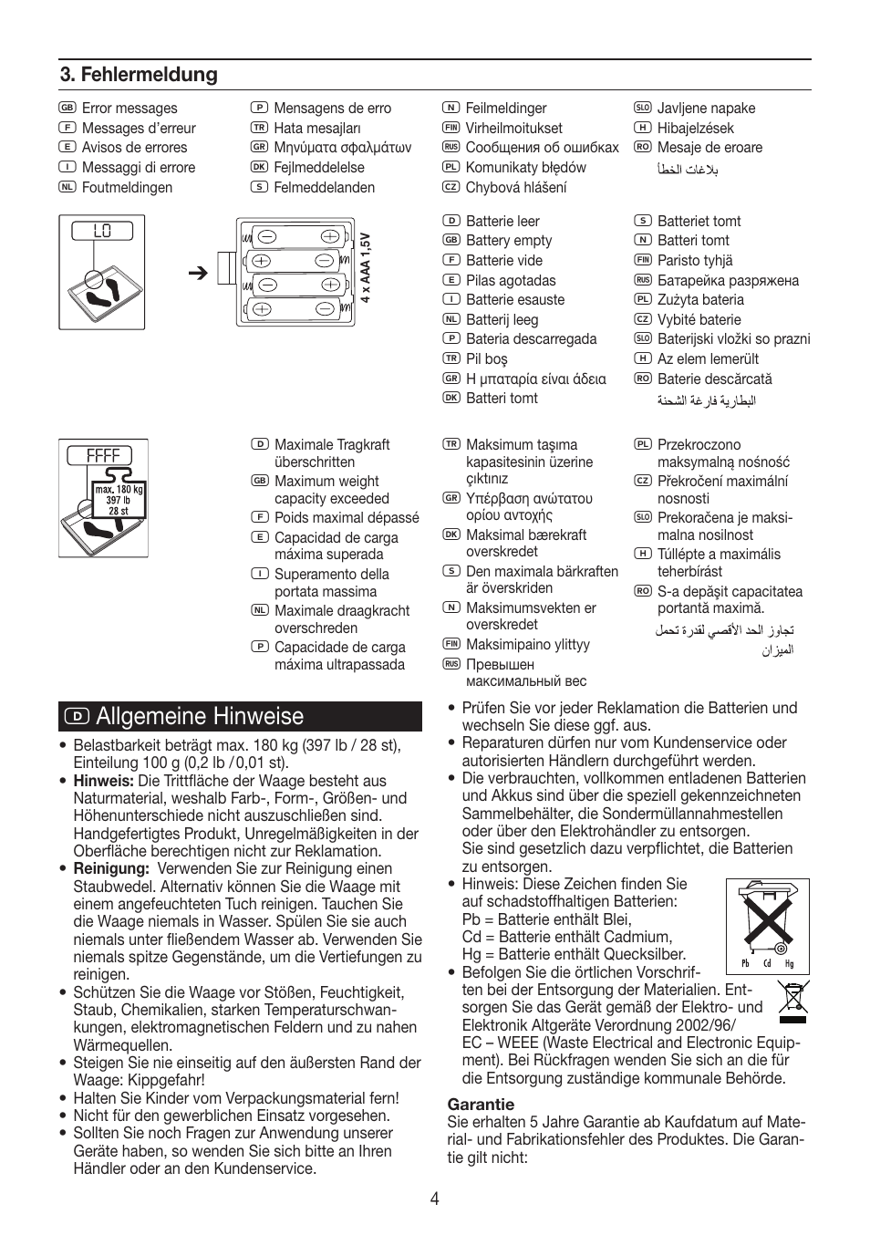 D allgemeine hinweise, Fehlermeldung | Beurer PS 890 User Manual | Page 4 / 12