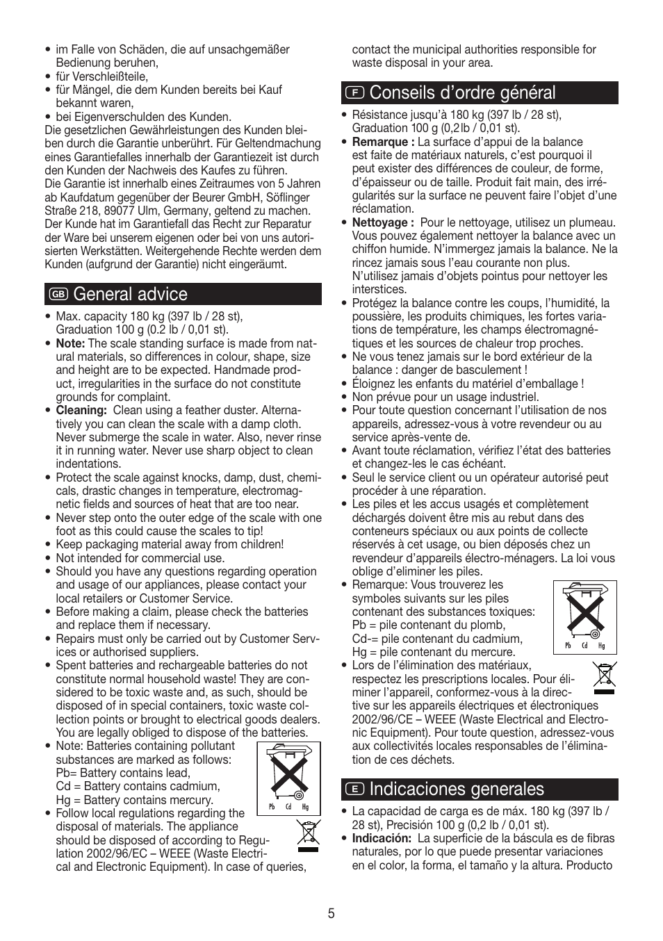 G general advice, F conseils d’ordre général, E indicaciones generales | Beurer PS 890 User Manual | Page 5 / 12
