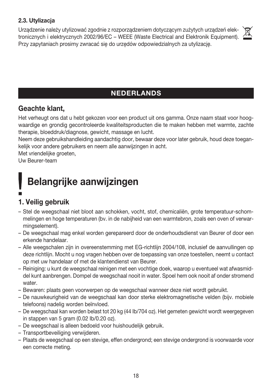 Belangrijke aanwijzingen, Geachte klant, Veilig gebruik | Beurer BY 80 User Manual | Page 18 / 24